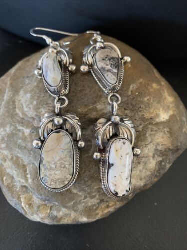 Navajo White Buffalo Turquoise Dangle Earrings | Sterling Silver | 2.5" | Authentic Native American Handmade | 12154