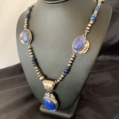 Navajo Pearl Sterling Silver Blue Lapis Necklace with 5 Pendants | Authentic Native American Handmade | 10864
