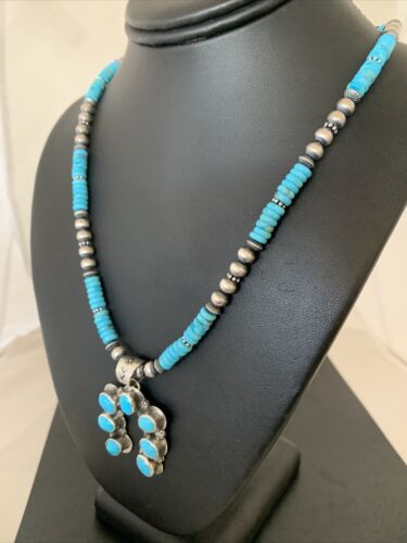 Navajo Blue Turquoise Necklace with Sterling Silver Naja Pendant | Authentic Native American Handmade | 02016