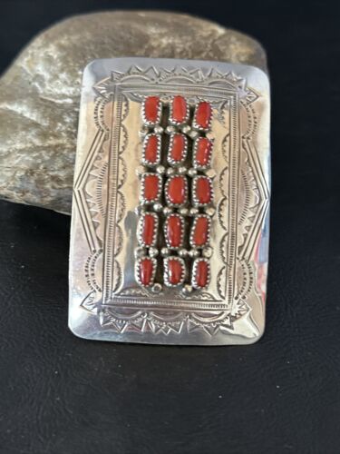Navajo Red Coral Belt Buckle Concho | Sterling Silver | Authentic Native American Handmade | 14797