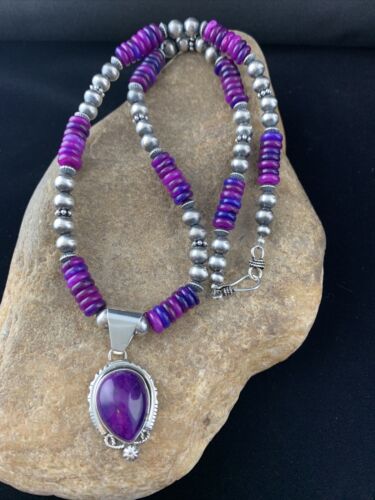 Women's Navajo Necklace with Purple Sugilite Pendant | Sterling Silver | Authentic Native American Handmade | 1628