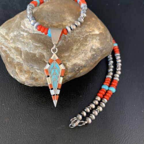 Navajo Blue Turquoise Coral Pendant Necklace | Sterling Silver Inlay | Authentic Native American Handmade | 13840