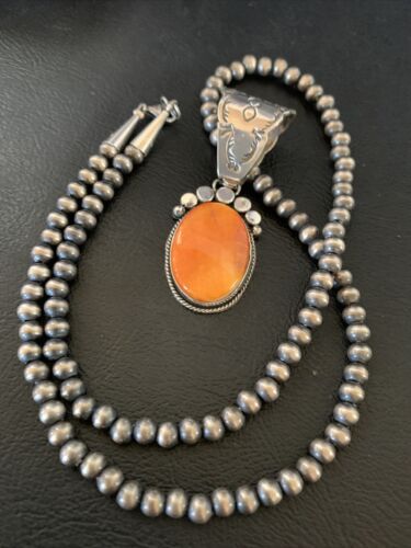 Navajo Orange Spiny Oyster Pendant Necklace | Sterling Silver | Authentic Native American Handmade | 13081