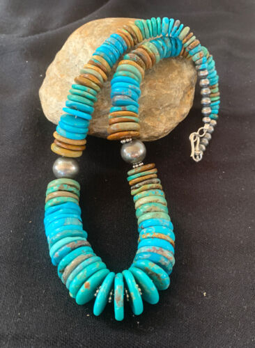 Navajo Graduated Blue Green Turquoise Necklace | Sterling Silver | Authentic Native American | 21" | 605