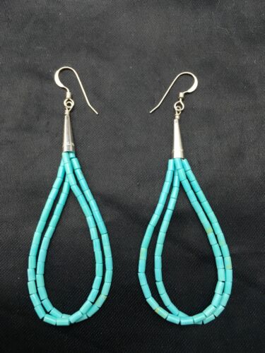 Native American Blue Turquoise Heishi Dangle Earrings | Liquid Sterling Silver | 4372