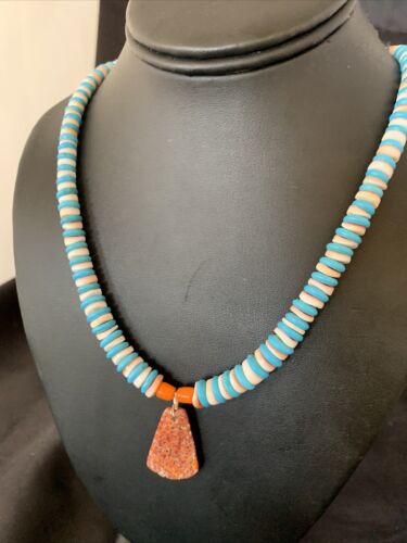 Santo Domingo Shell Pendant | Spiny Oyster & Blue Turquoise | 20" Necklace | Navajo | 12521