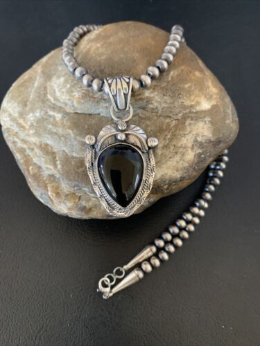 Native American Men's Navajo Pearls Necklace Pendant | Sterling Silver Black Onyx | 13097