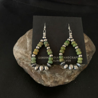Navajo Green Turquoise Earrings | Sterling Silver | Native American Pearls Bead | 2" | 12889