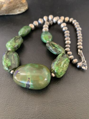 Navajo Chunky Graduated Natural Green Turquoise Necklace | Sterling Silver | Authentic Native American | 18" | 11770