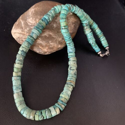 Native American Green Turquoise Heishi Bead Necklace | 12mm | Sterling Silver | Handmade | 22" | 13570 - Masha USA