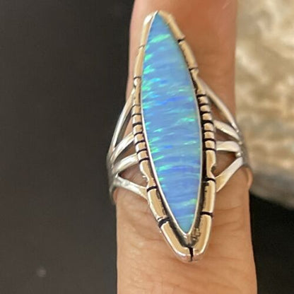 Native American Women's Navajo Blue Opal Ring | Sterling Silver | Sz 8 | 10307