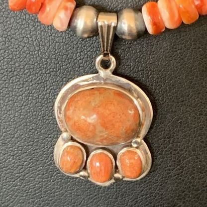 Navajo Pearl Necklace with Red Apple Coral, Spiny Oyster Pendant | Authentic Native American Sterling Silver | Multi-Stone | 12390