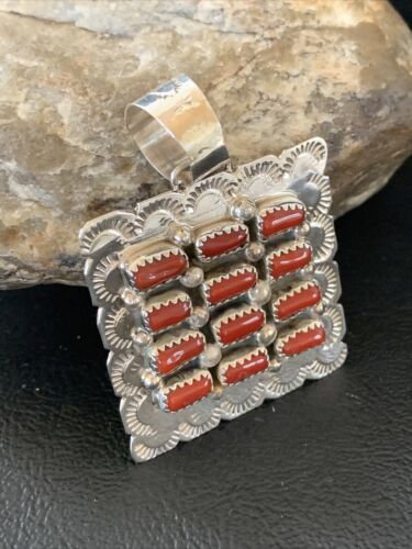 Navajo Red Coral and Multi-Stone Cluster Pendant | Authentic Native American Sterling Silver | 2" | 2100
