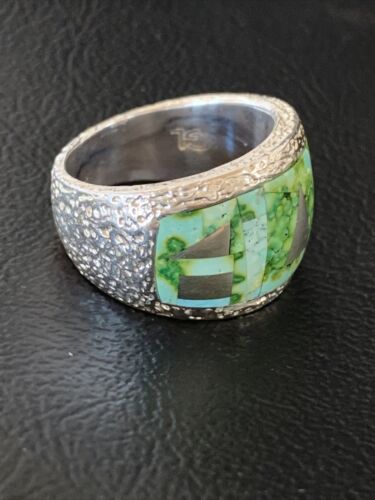 Navajo Green Sonoran Turquoise Inlay Ring | Sterling Silver | Sz 10 | Authentic Native American Handmade | 2080