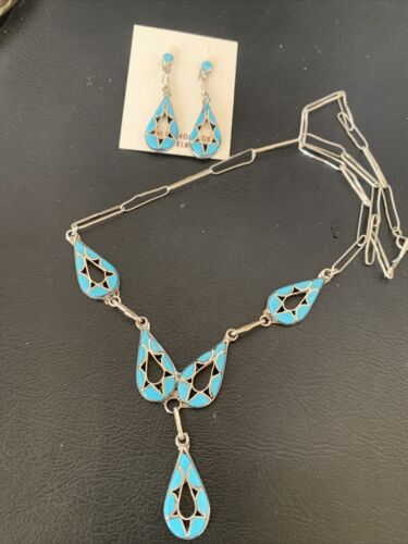 Southwestern Zuni Blue Turquoise Inlay Necklace | Sterling Silver | 19" | Native American Handmade | 11911