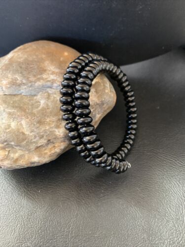 Memory Wire Stainless Steel Black Onyx Bead Bracelet | Sterling Silver | Native American Handmade | 01958