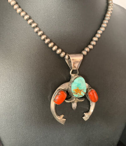 Navajo Pearl Necklace with Royston Turquoise & Coral Naja Pendant | Sterling Silver | 13643
