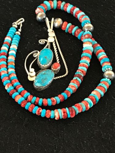 Navajo Kingman Turquoise & Spiny Oyster Pendant Necklace | Sterling Silver | 8659
