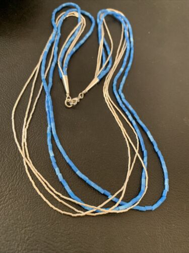 Navajo Denim Lapis Tube Beads Necklace | 5-Strand Liquid Silver Heishi | Sterling Silver | 02179 - Masha USA