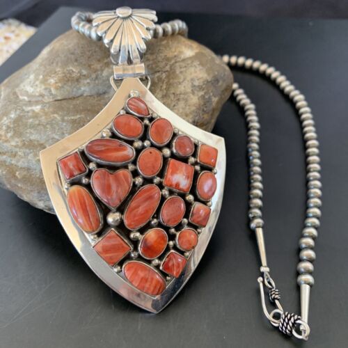 Navajo Red Spiny Oyster Pendant | Sterling Silver | Authentic Native American Handmade | 11514