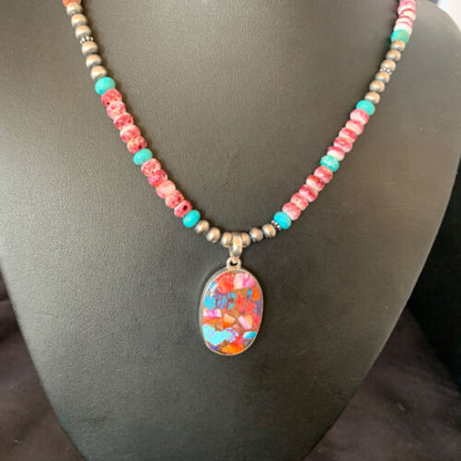Navajo Pearl Sterling Silver Necklace with Turquoise and Purple Spiny Oyster Pendant | 13278