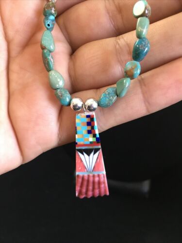Authentic Native American Navajo Sterling Silver Necklace with Green Turquoise Inlay Pendant | 25" | 1751