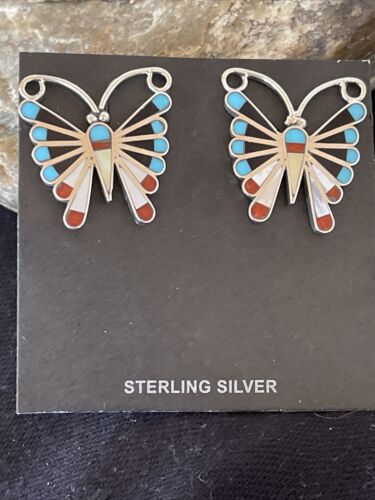 Native American Zuni Sterling Silver Inlay Earrings | Turquoise Coral Mother of Pearl | 1085