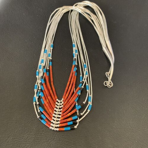 Multi-Color Liquid Silver Heishi Necklace | 10 Strand Sterling Tubes | Native American Handmade | 12300