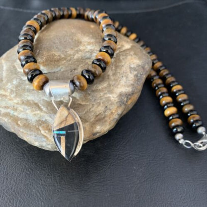 Navajo Sterling Silver Inlay Necklace with Black Onyx, Tigers Eye, Picture Jasper | 22" | 13761
