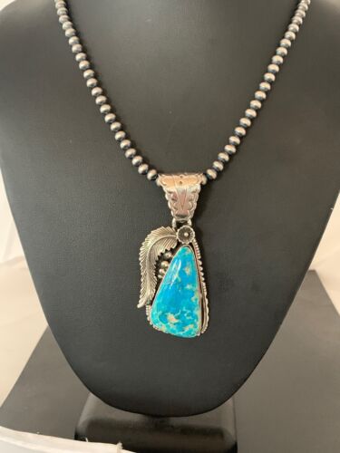 Men's Kingman Turquoise Pendant Necklace | Navajo Pearls | Sterling Silver | Authentic Native American | 4300