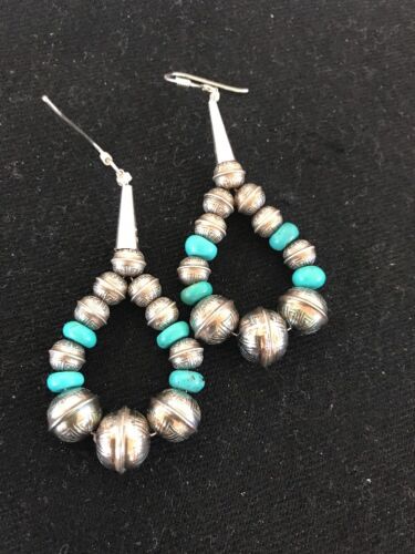 Navajo Turquoise Bead Earrings | Sterling Silver | Stamped | Native American | 10202