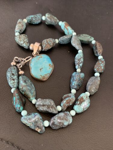 Men's Navajo Kingman Turquoise Pendant Necklace | Sterling Silver | 20" | Authentic Native American Handmade | 10224