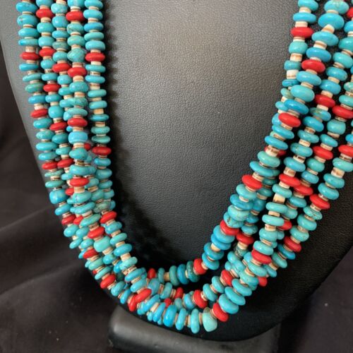 Southwestern Santo Domingo Coral Spiny Blue Turquoise Necklace | 5 Strand | 22" | 12049