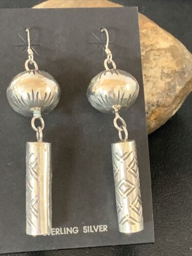 Navajo Sterling Silver Bead Earrings | Handmade Native American Pearls | 2.75" | 1519