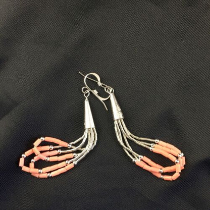 Native American Liquid Silver Heishi Dangle Earrings | Pink Coral | Sterling Silver | 2" | 2029