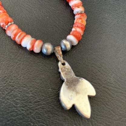 Navajo Pearl Necklace with Red Apple Coral, Spiny Oyster Pendant | Authentic Native American Sterling Silver | Multi-Stone | 12388