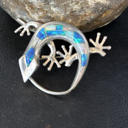 Navajo White Blue Opal Lizard Pin Pendant | Inlay Gecko | Sterling Silver | Authentic Native American Handmade | 14335