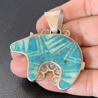 Navajo Blue Turquoise Opal Inlay Pendant | Sterling Silver | Authentic Native American Handmade | 12603