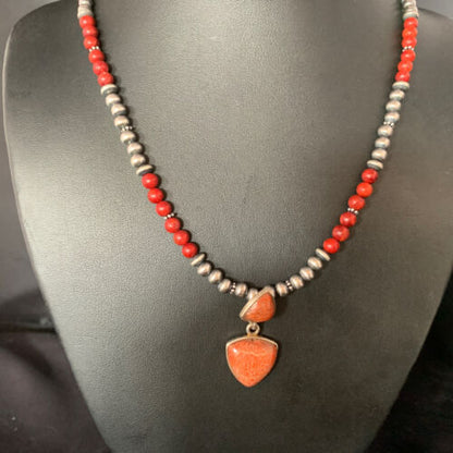 Navajo Red Apple Coral & Multi-Stone Bead Necklace | Sterling Silver | Authentic Native American Handmade | 13413