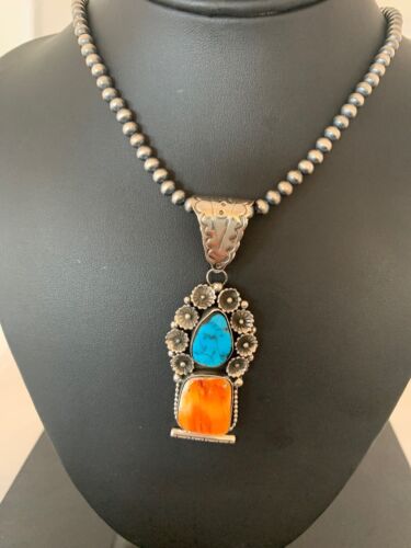 Navajo Kingman Turquoise & Spiny Oyster Pendant Necklace | Sterling Silver | Authentic Native American Handmade | 4575