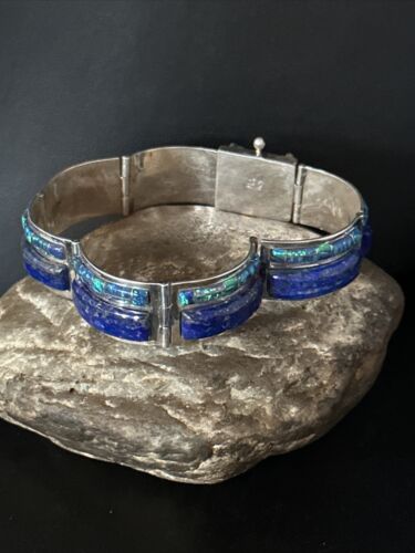 Native Womens Blue Opal Lapis Inlay Link Bracelet 7" Sterling Silver 14272