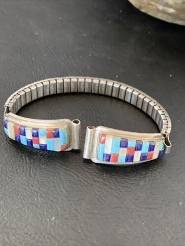 Navajo Sterling Silver Watch Tips | Turquoise Coral Mother of Pearl Inlay Band | Authentic Native American Jewelry | 12137