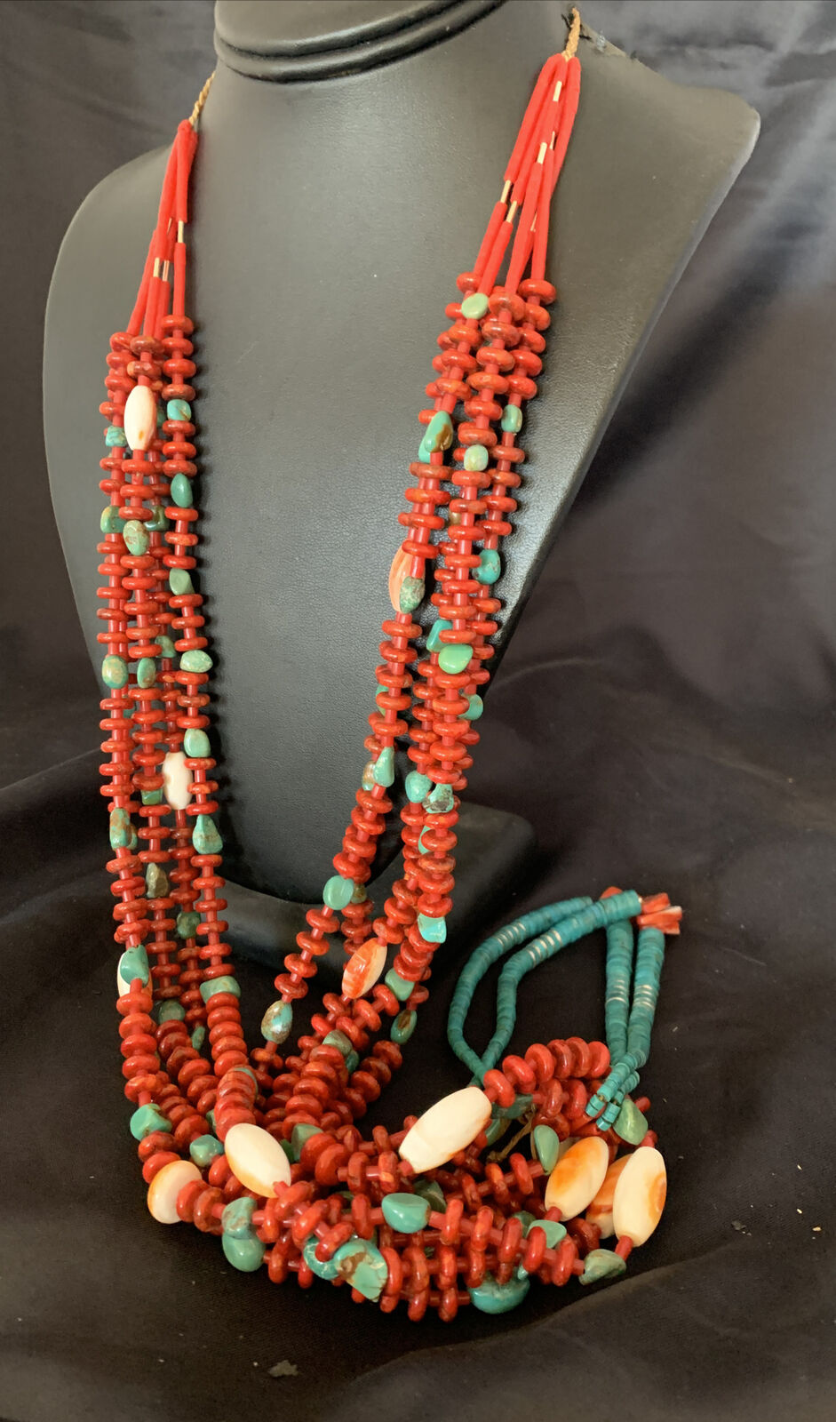 Southwestern Santo Domingo Red Coral Green Turquoise 5-Strand Jacla Necklace | 36" | Native American Handmade | 12053