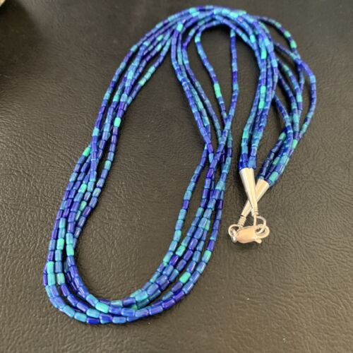 Blue Green Azurite Heishi Necklace | 5 Strand Stabilized Sterling Silver Pendant | 12930