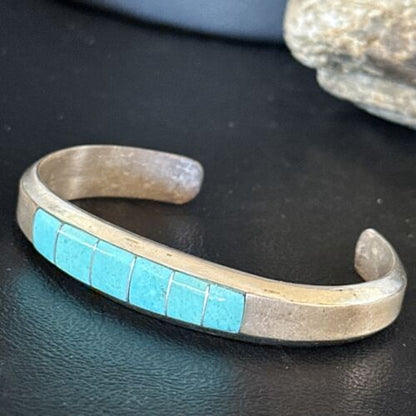 Men's Blue Sleeping Beauty Turquoise Inlay Bracelet | Sterling Silver | Authentic Native American Handmade | 14530