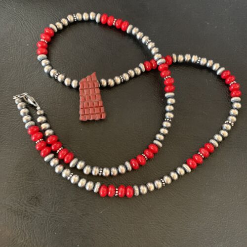 Navajo Red Coral Corn Inlay Necklace Pendant | Sterling Silver | 21" | Authentic Native American Handmade | 12585