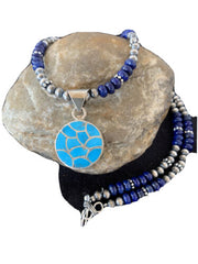 Navajo Sterling Silver Lapis Blue Turquoise Inlay Pendant Necklace | Authentic Native American Handmade | 1172