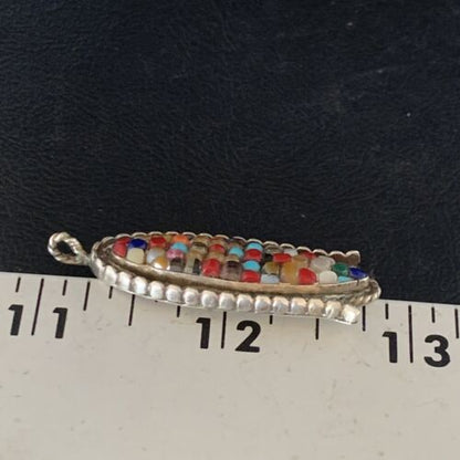 Zuni Corn Coral Mother of Pearl Turquoise Inlay Pendant | Sterling Silver | 1.75" | 13689