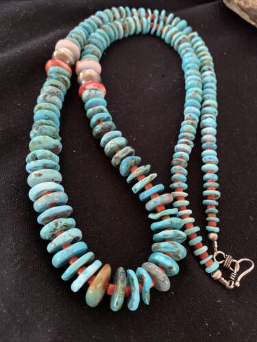 Authentic Native American Navajo Sterling Silver Necklace | Blue Turquoise & Spiny Oyster | 32" | 01672