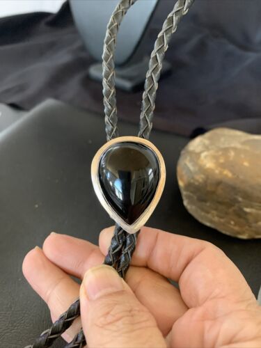 Native American Men's Bolo Tie | Sterling Silver Navajo Black Onyx | Handmade | 12148